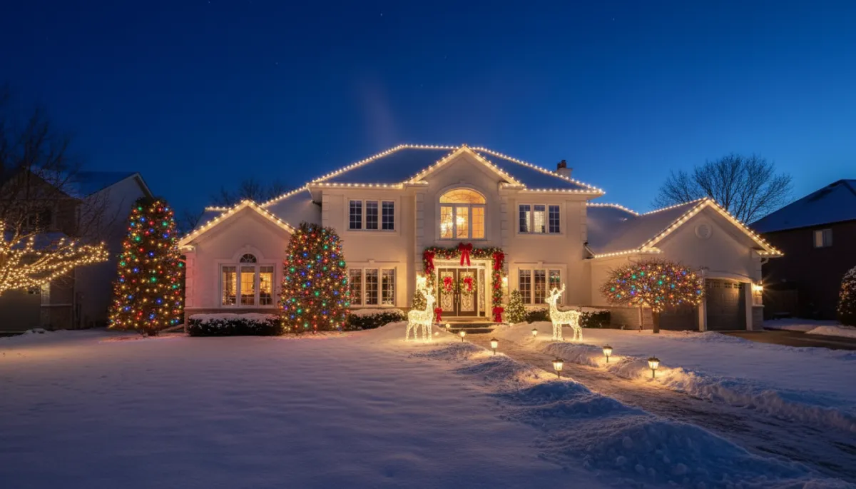 photorealistic nighttime scene of a Richmond Hill Ontario two-storey suburban home fully decorated for the holidays, warm white roofline lights, multi-colour C9 bulbs on trees, illuminated pathway from driveway to front door, glowing wreath and garland at entry, lit deer figures on snowy lawn, neutral colour palette, crisp winter sky