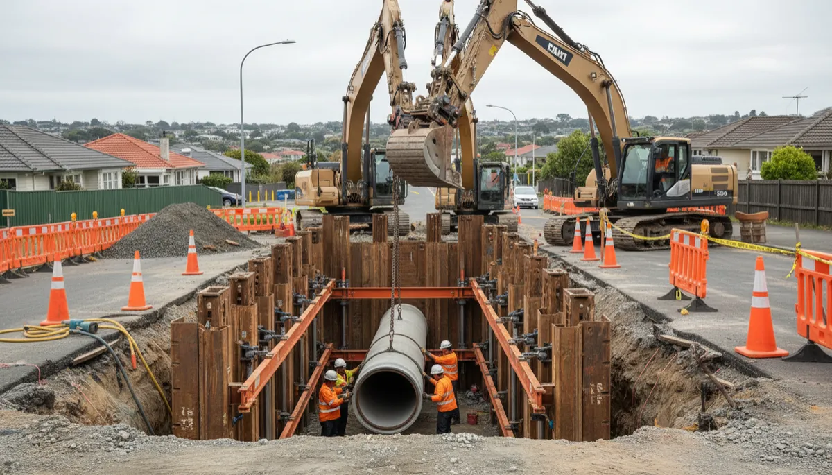 Photorealistic view of civil construction crew installing large wastewater pipeline in Auckland street