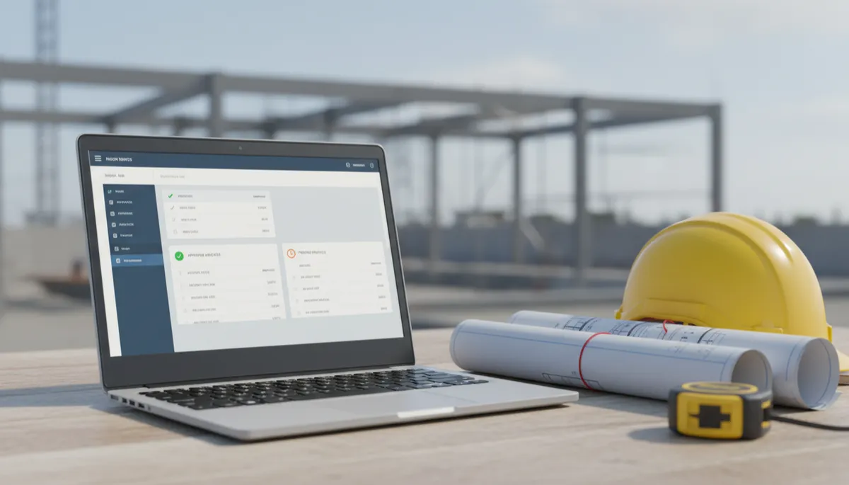 Photorealistic digital invoicing dashboard used in a construction site office