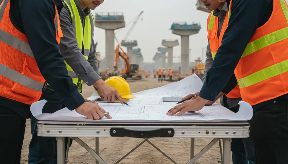 Photorealistic group of engineers reviewing plans beside an infrastructure project