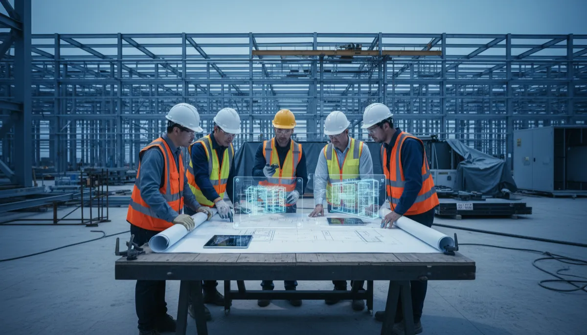 Engineering team reviewing technical drawings on a data centre construction site