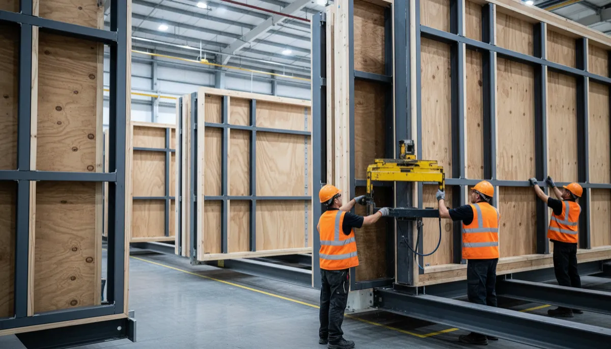 Photorealistic off-site manufacturing facility assembling prefabricated building modules