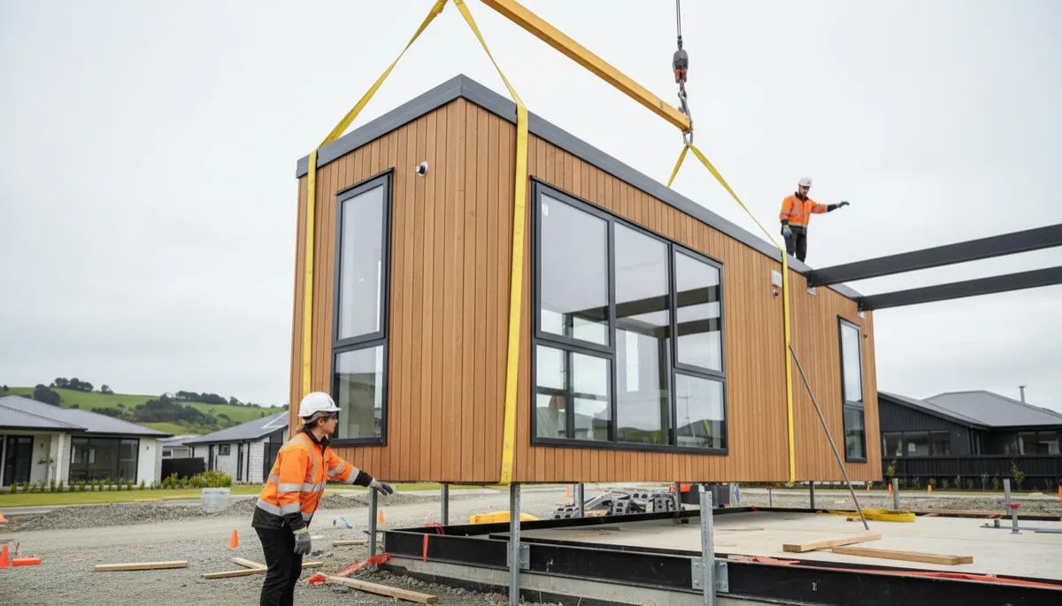 Photorealistic modular home section being installed on a suburban site