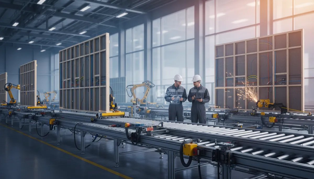 Engineers inspecting prefabricated building components on a factory production line