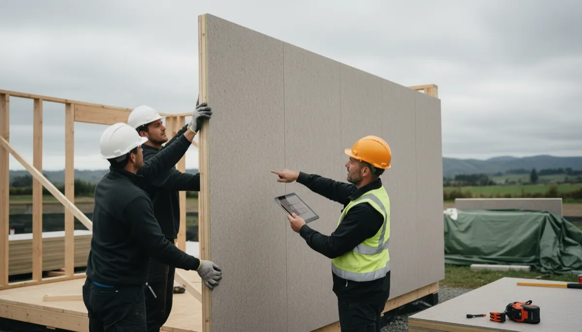 Photorealistic scene of tradespeople installing SIP panel walls on a small standalone dwelling