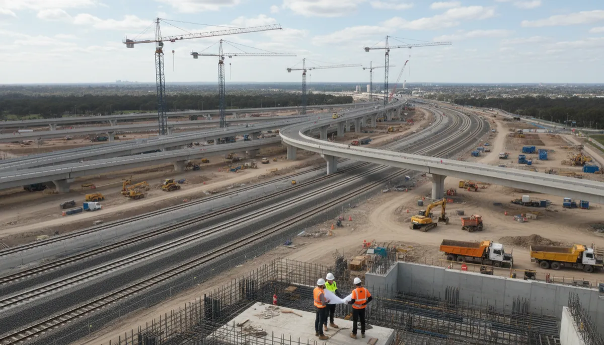 Photorealistic view of cranes over a major Australian transport infrastructure project with engineers onsite