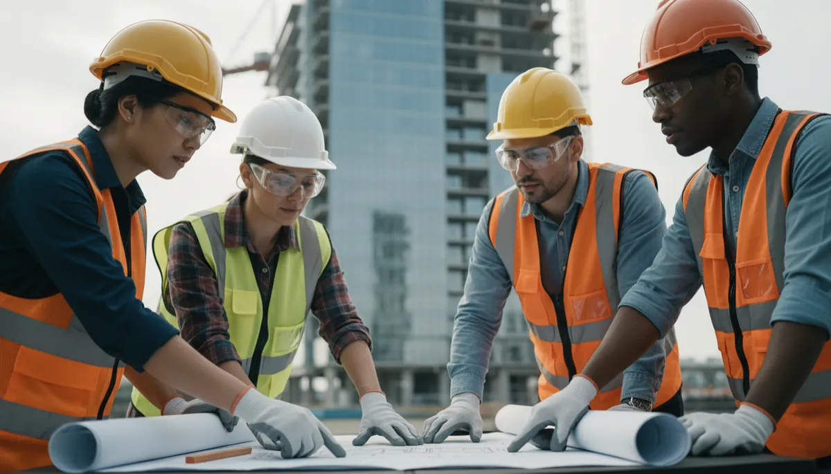 Architects and engineers reviewing building plans in front of a modern development