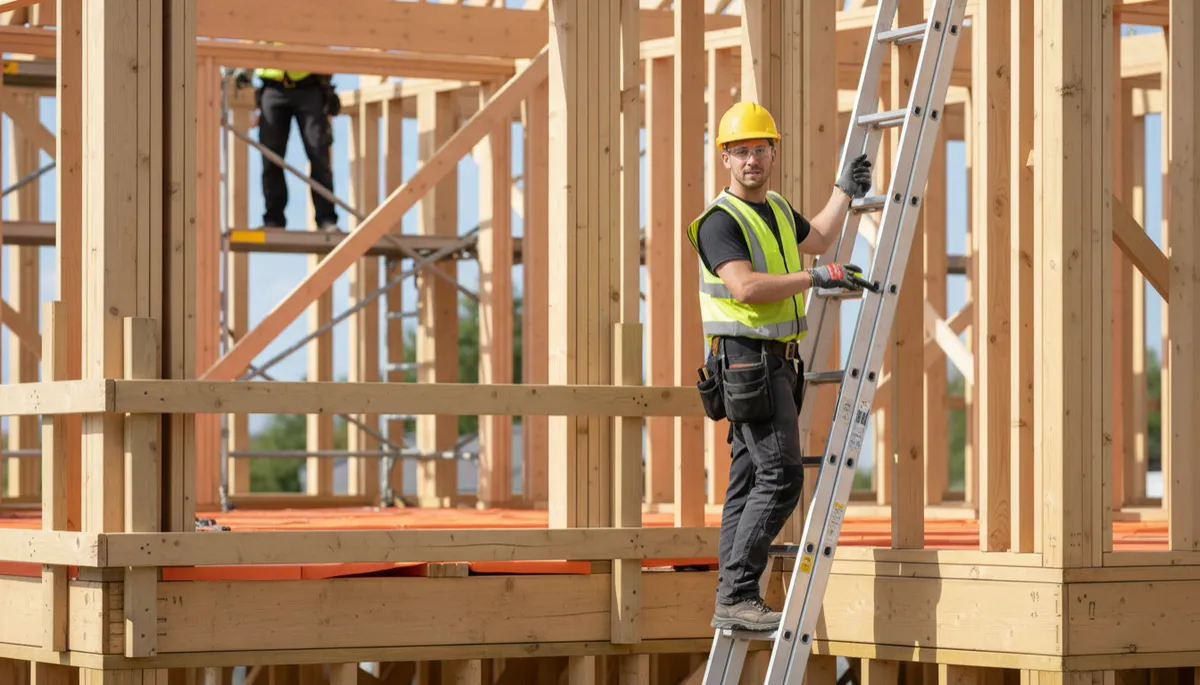 Construction workers using ladders, safety decking and guardrails on a house build