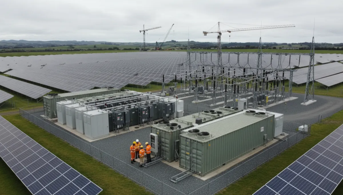 New Zealand renewable energy and infrastructure construction site with solar and battery assets