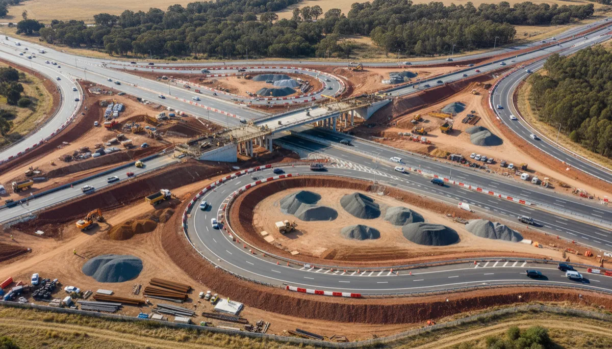 Photorealistic aerial view of large highway and interchange construction site