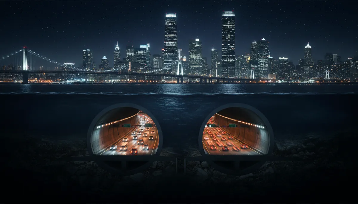 Cross-section of road tunnels running beneath a city harbour at night