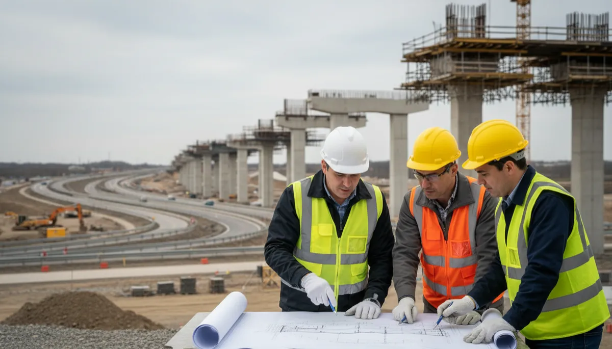 Photorealistic civil engineers reviewing drawings beside a major bridge and highway project