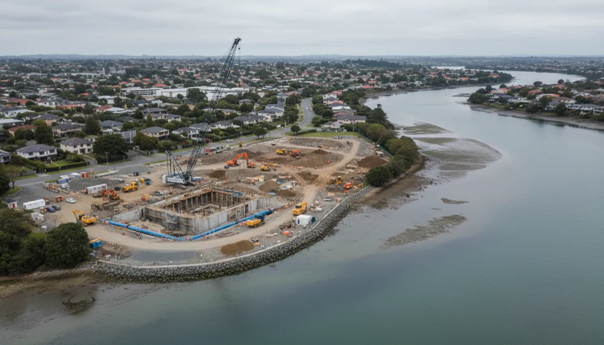 photorealistic aerial view of construction works around an Auckland suburban wastewater pump station, cranes and excavators operating near a tidal estuary under overcast skies, neutral colour palette