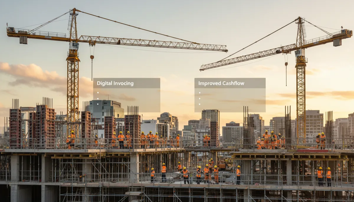 photorealistic wide shot of a busy New Zealand commercial construction site with cranes, scaffolding, and workers in hi-vis gear using tablets against a neutral-toned city backdrop, overlaid with subtle transparent text panels about digital invoices and cashflow