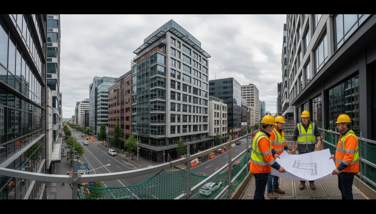 photorealistic wide shot of modern New Zealand CBD streetscape with mid-rise commercial buildings under inspection, engineers in high-vis vests reviewing structural plans against a neutral cloudy sky, subtle sense of safety and resilience