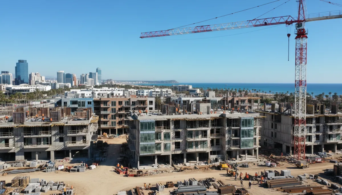 photorealistic wide shot of a mixed-use construction site on a clear day, tower crane over mid-rise buildings, workers in hi-vis and hard hats, neutral colour palette, skyline hinting at a coastal Australasian city