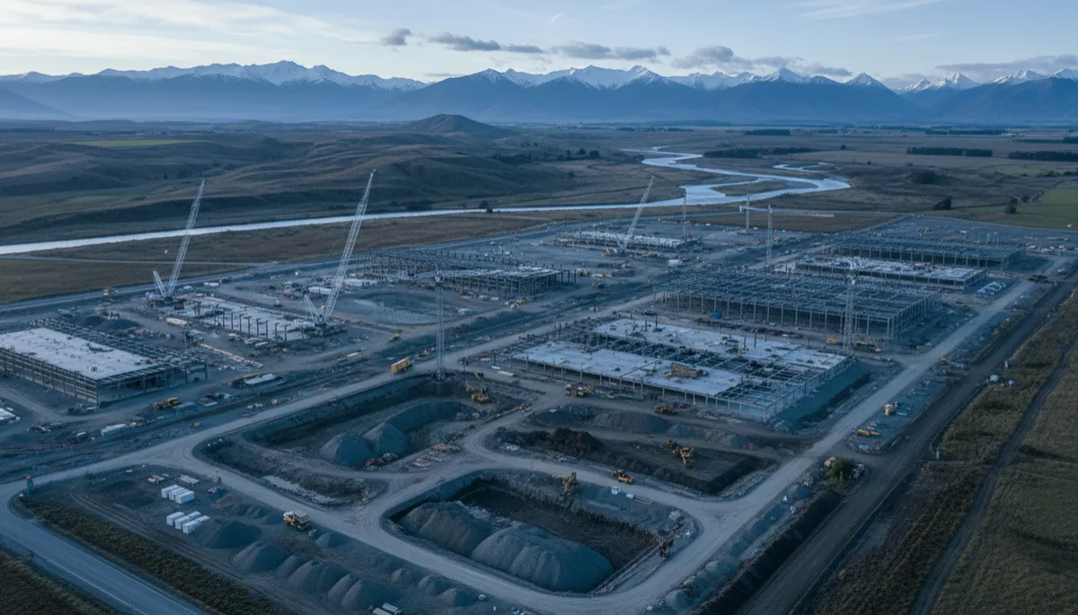 photorealistic aerial view of a large hyperscale data centre campus under construction in rural Southland New Zealand, cranes and earthworks visible, cool blue and grey colour palette, low morning light, snow-capped hills in distance