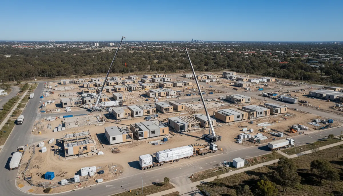 photorealistic aerial view of a modern modular housing estate under construction on the outskirts of an Australian city, with cranes lifting volumetric modules into place and factory-built units on trucks, neutral colour palette, clear sky