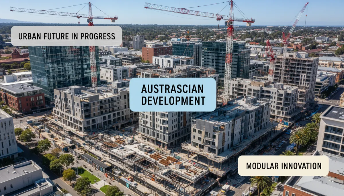 photorealistic aerial view of a modern mixed-use development under construction in an Australasian city, featuring tower cranes, modular units being craned into place, and neutral-toned contemporary buildings, overlaid with subtle text panels