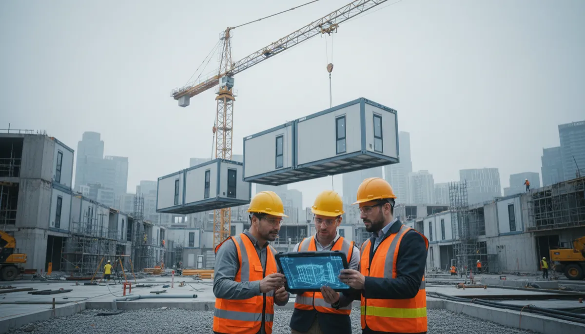 photorealistic wide shot of a modern urban construction site featuring modular building units being craned into place, engineers in high-vis vests reviewing digital plans on a tablet in the foreground, neutral colour palette with overcast sky