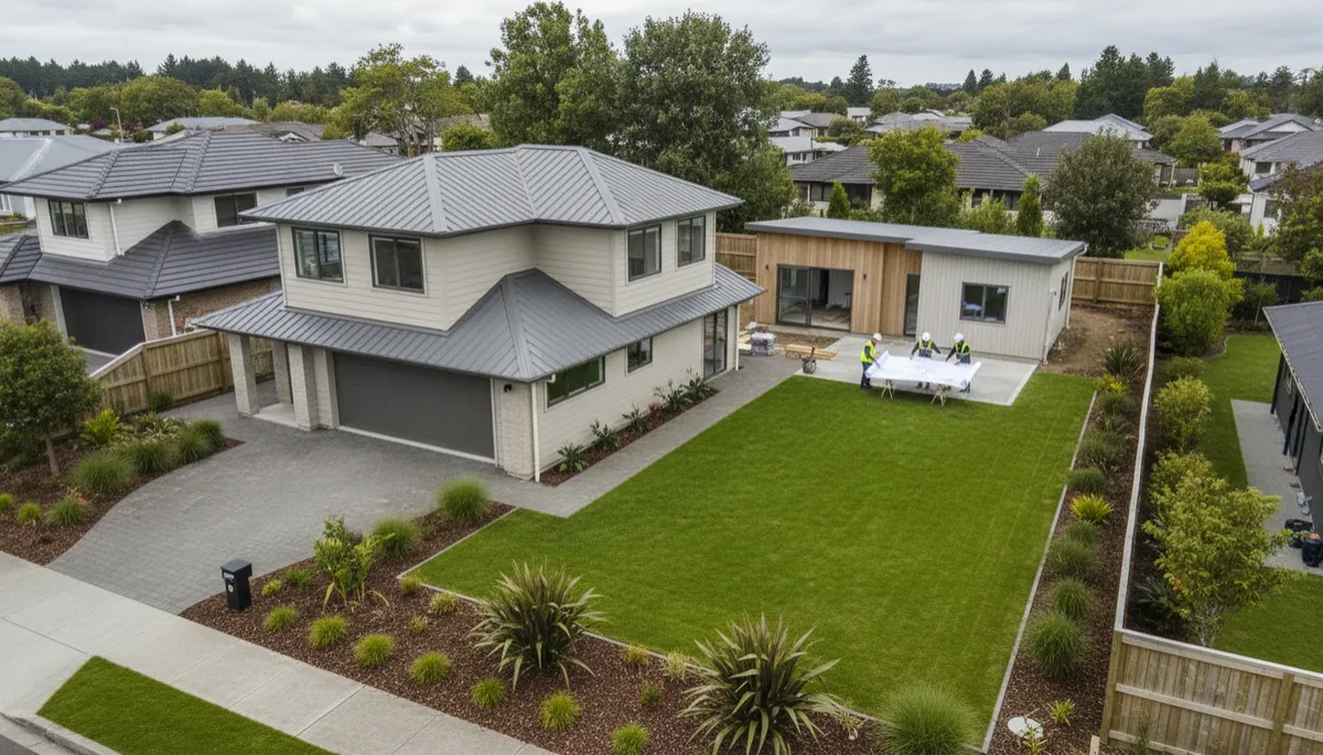 photorealistic aerial view of a contemporary New Zealand suburban property with a newly built 70sqm granny flat in neutral colours behind the main house, builders and an engineer reviewing plans on site, overcast sky with soft natural light