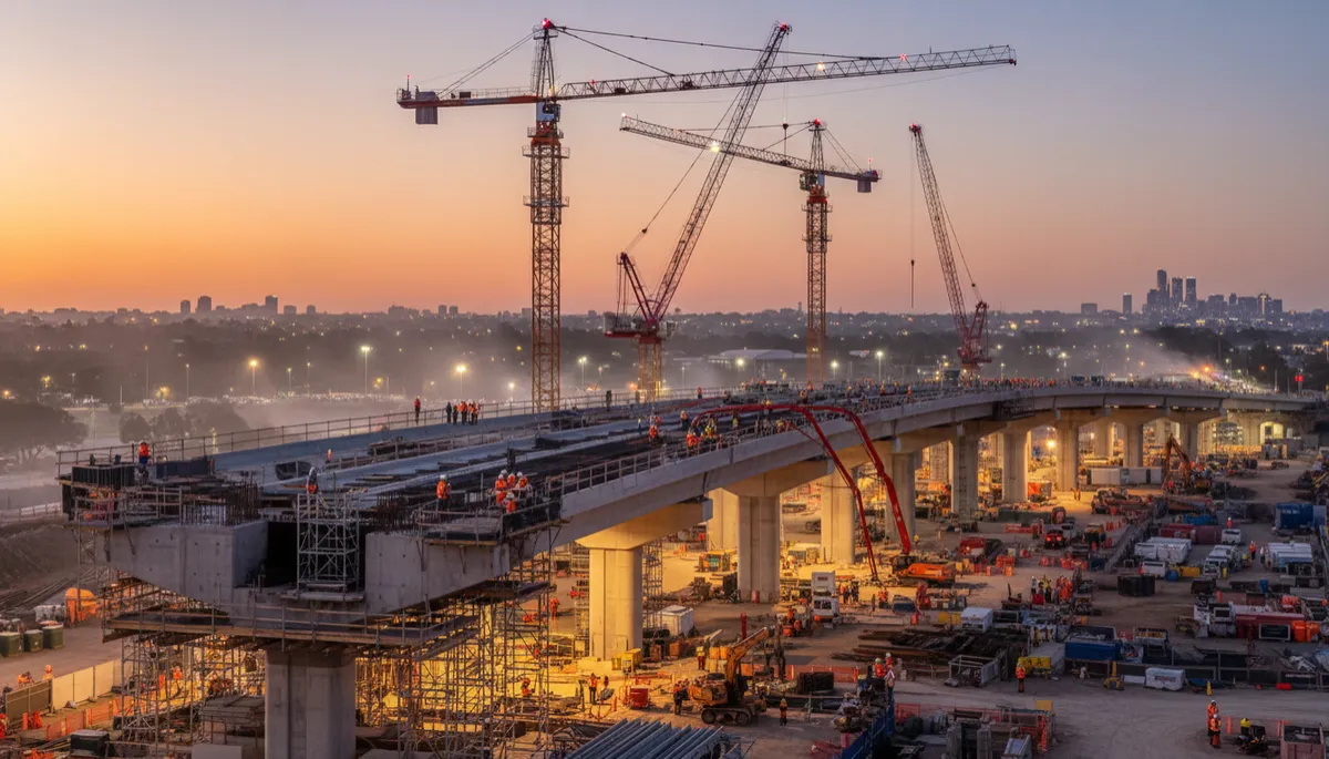 photorealistic wide-angle view of a large Australian infrastructure construction site at dusk, tower cranes, bridge or road viaduct under construction, workers in hi-vis, warm neutral professional colour grading, subtle city skyline in background