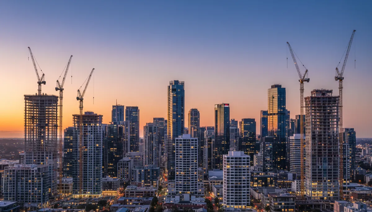 photorealistic neutral-tone panorama of an Australian capital city skyline at dusk, multiple tower cranes operating above high-rise residential and commercial projects, soft natural light, clear sky, modern glass buildings