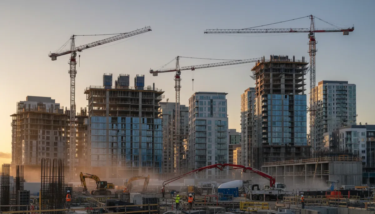 photorealistic wide-angle view of a busy New Zealand urban construction site at dusk, multiple tower cranes, mid-rise and high-rise residential buildings under construction, workers and machinery in foreground, neutral colour palette with soft natural lighting