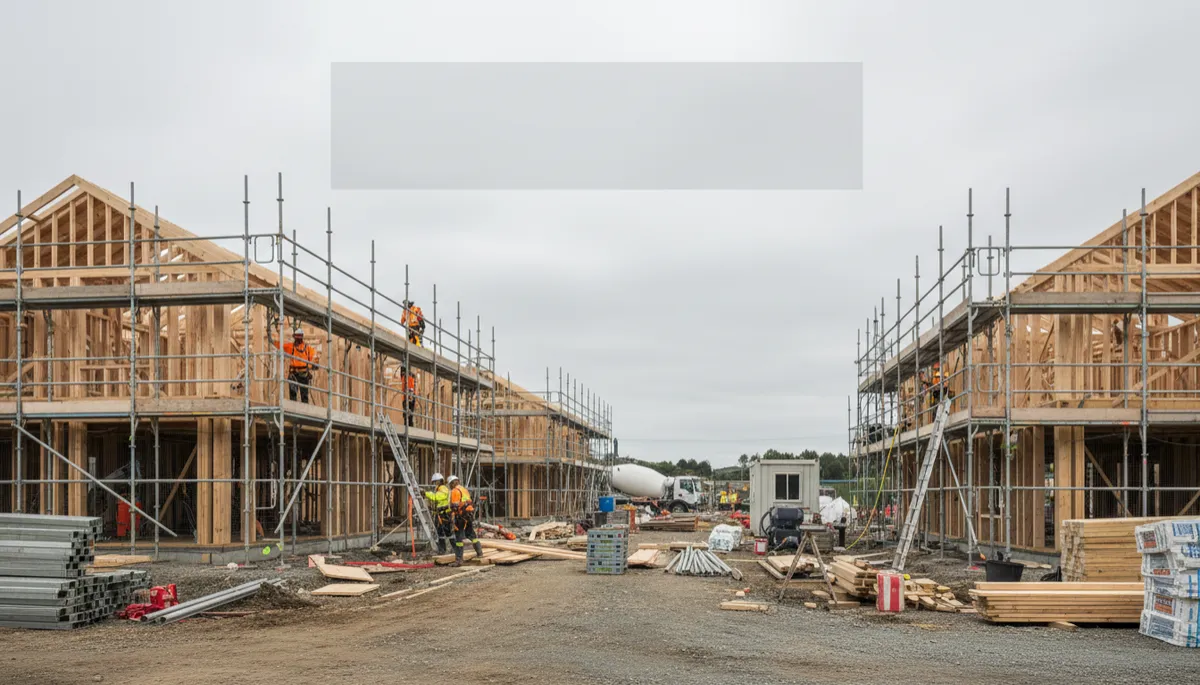 photorealistic wide shot of a New Zealand residential construction site with partially framed two-storey timber houses, scaffold and safety decking installed, workers wearing hi-vis and harnesses under overcast neutral lighting, subtle text overlay area in sky space