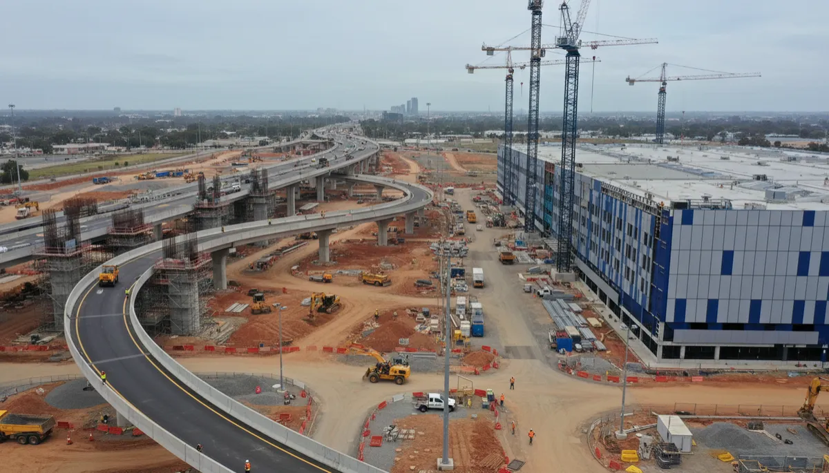 photorealistic wide-angle view of a modern Australian infrastructure construction site, featuring a partially completed multi-lane highway interchange and an adjacent large data centre building with cranes, tower lights and workers in high-visibility PPE under neutral daylight tones