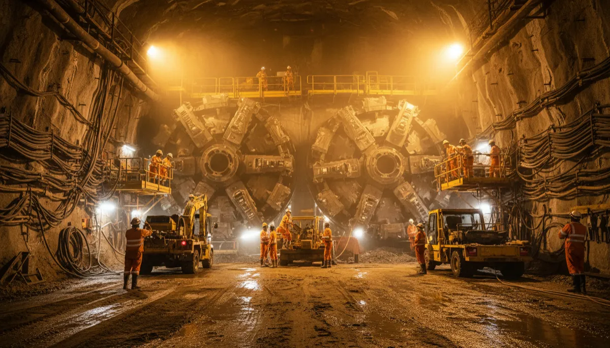 photorealistic wide shot deep inside an Australian urban tunnel boring cavern, two massive TBM cutterheads illuminated by dramatic underground lighting, crews in high-vis and plant working around them, wet rock walls and services visible