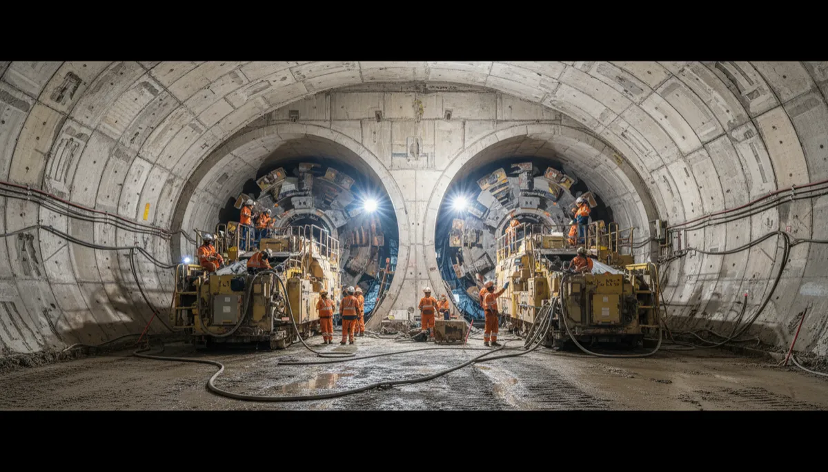 photorealistic wide-angle view inside a massive underground tunnel under construction, two large tunnel boring machines side by side with crews in hi-vis PPE and machinery lights illuminating the curved concrete segments, neutral colour palette
