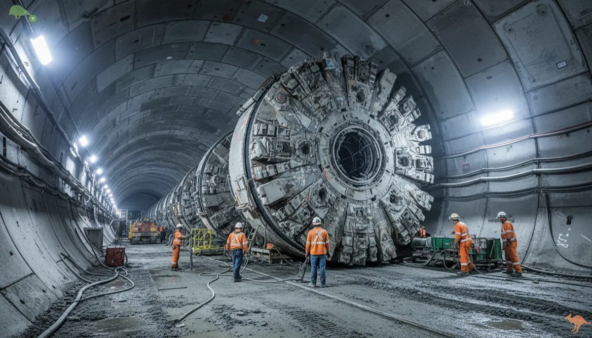 photorealistic wide-angle view inside a massive underground tunnel boring site, showing a large TBM cutterhead, segmental lining, and crews working under bright work lights, neutral colour palette, Australia or New Zealand infrastructure project setting