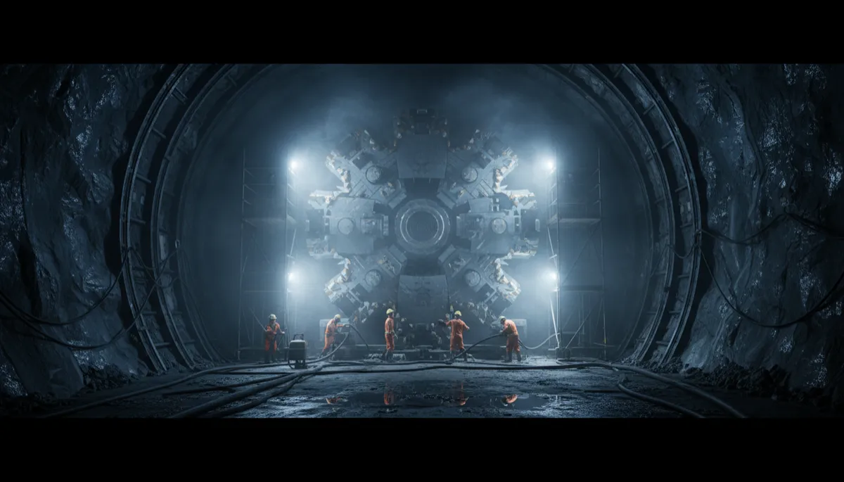 photorealistic dark dramatic view of a colossal tunnel boring machine inside a vast underground cavern, harsh white work lights cutting through dust and mist, crews in hi-vis gear working around the cutterhead, wet rock and steel ribs receding into shadow