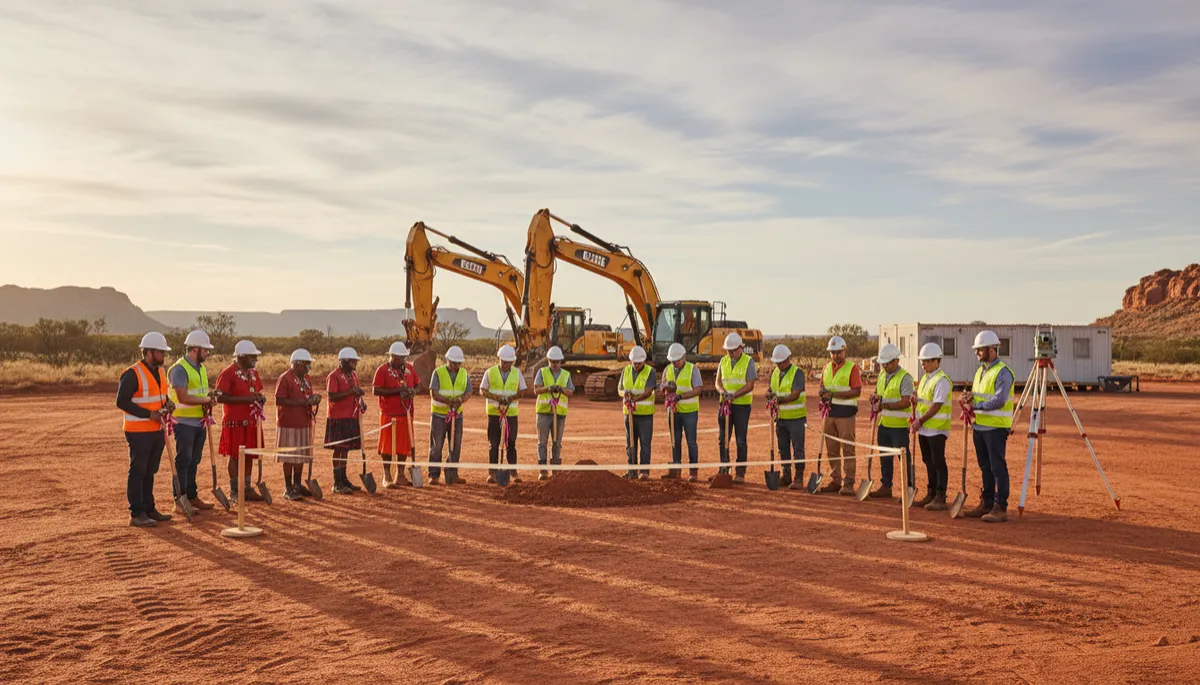 photorealistic wide-angle view of a remote Northern Territory desert construction site at dawn, dignitaries and project personnel in PPE gathered around a ceremonial groundbreaking area with excavators and survey equipment in the background, neutral colour palette with soft warm light