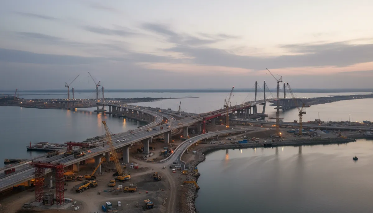 photorealistic wide-angle view of a large civil infrastructure site spanning both sides of a harbour, cranes and earthmoving plant working on bridges and roads at dusk, neutral colour palette with soft sky tones