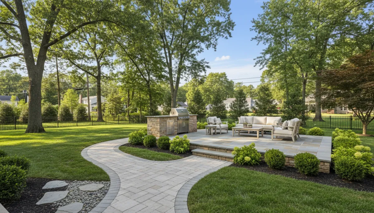 Photorealistic New Jersey backyard with curved paver walkway and raised patio
