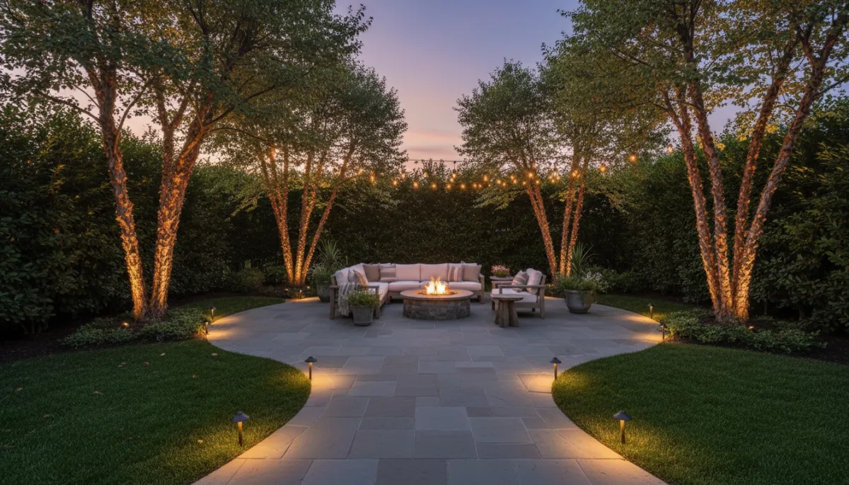 Monmouth County backyard with LED path lights and tree uplighting at dusk