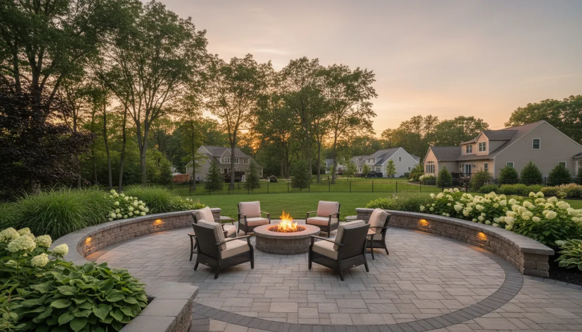 photorealistic neutral-toned New Jersey backyard at sunset, spacious paver patio with outdoor seating and fire pit, low retaining walls with plantings, subtle landscape lighting, leafy suburban homes in background