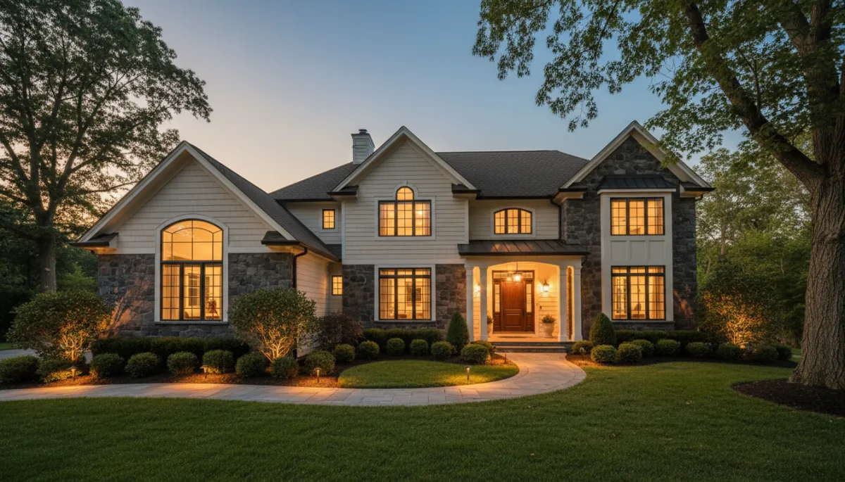 photorealistic twilight scene of an elegant New Jersey suburban home with neutral-tone siding, professionally designed front landscaping, soft LED path lights tracing a curved walkway, warm uplighting on mature trees and stone façade, gentle glow on front porch, clear dusk sky