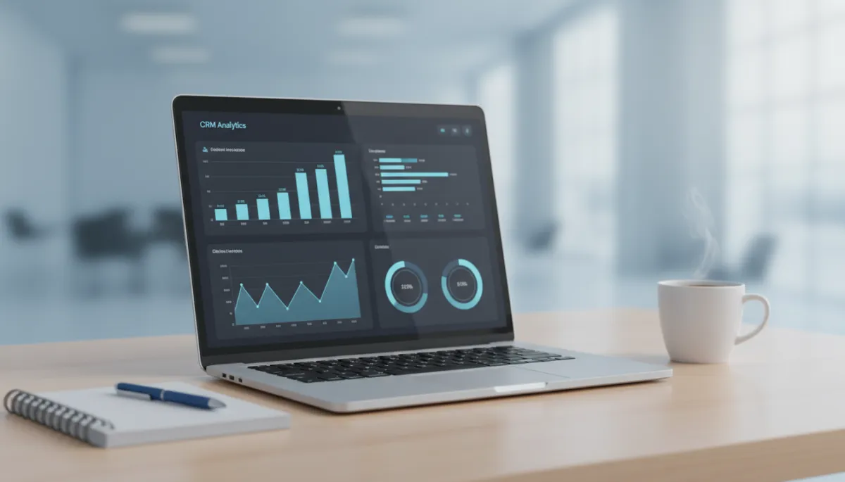 Laptop displaying CRM analytics dashboard with client and revenue metrics