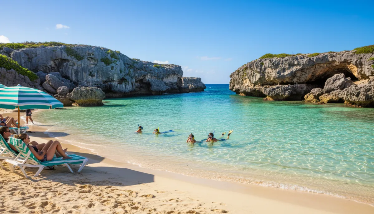 photographic realistic scene of families relaxing at Tobacco Bay Beach in Bermuda, children snorkeling in clear fresh aqua water, limestone rock formations in background, parents lounging under umbrellas on soft sand