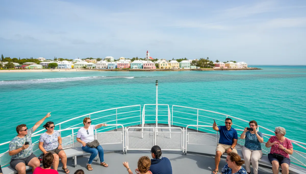 View from the Orange Route ferry approaching St. George’s with turquoise water and pastel buildings
