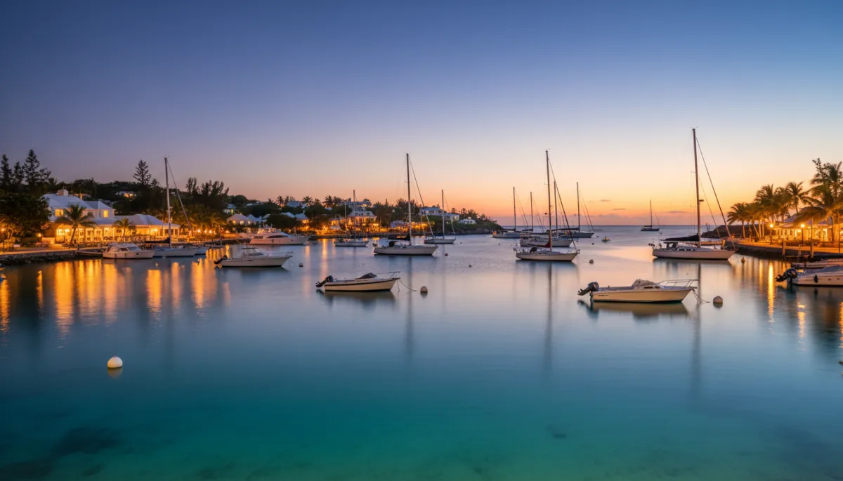 Twilight harbor scene with glowing waterfront restaurants in Bermuda