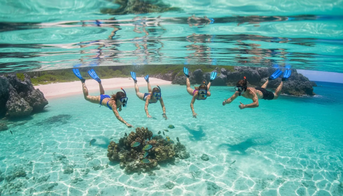 Friends snorkeling in clear turquoise water near a Bermuda beach
