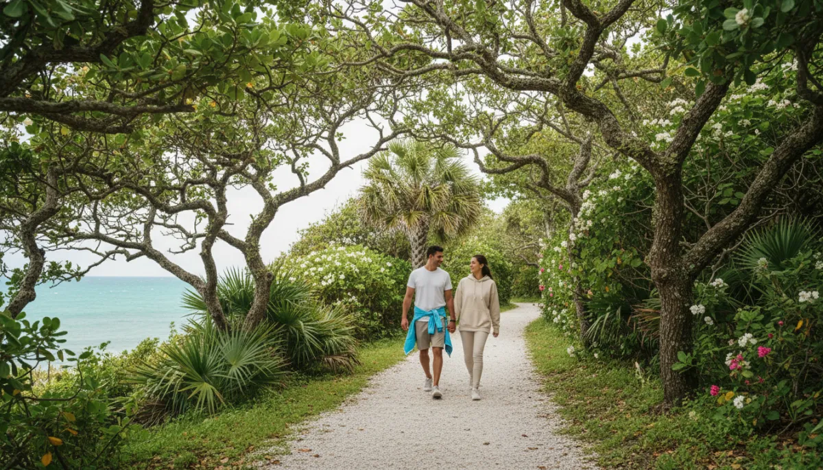 Couple walking along Bermuda’s Railway Trail with ocean views