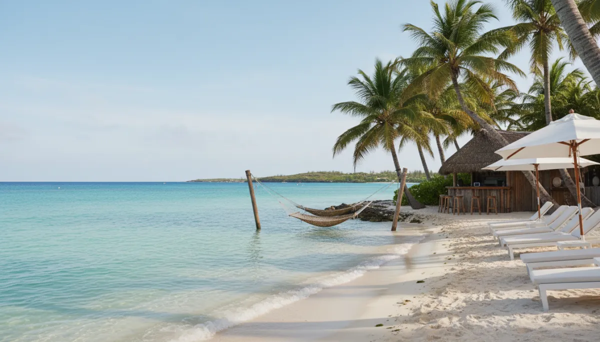 Photorealistic quiet Bermuda cove with hammocks and loungers by the water