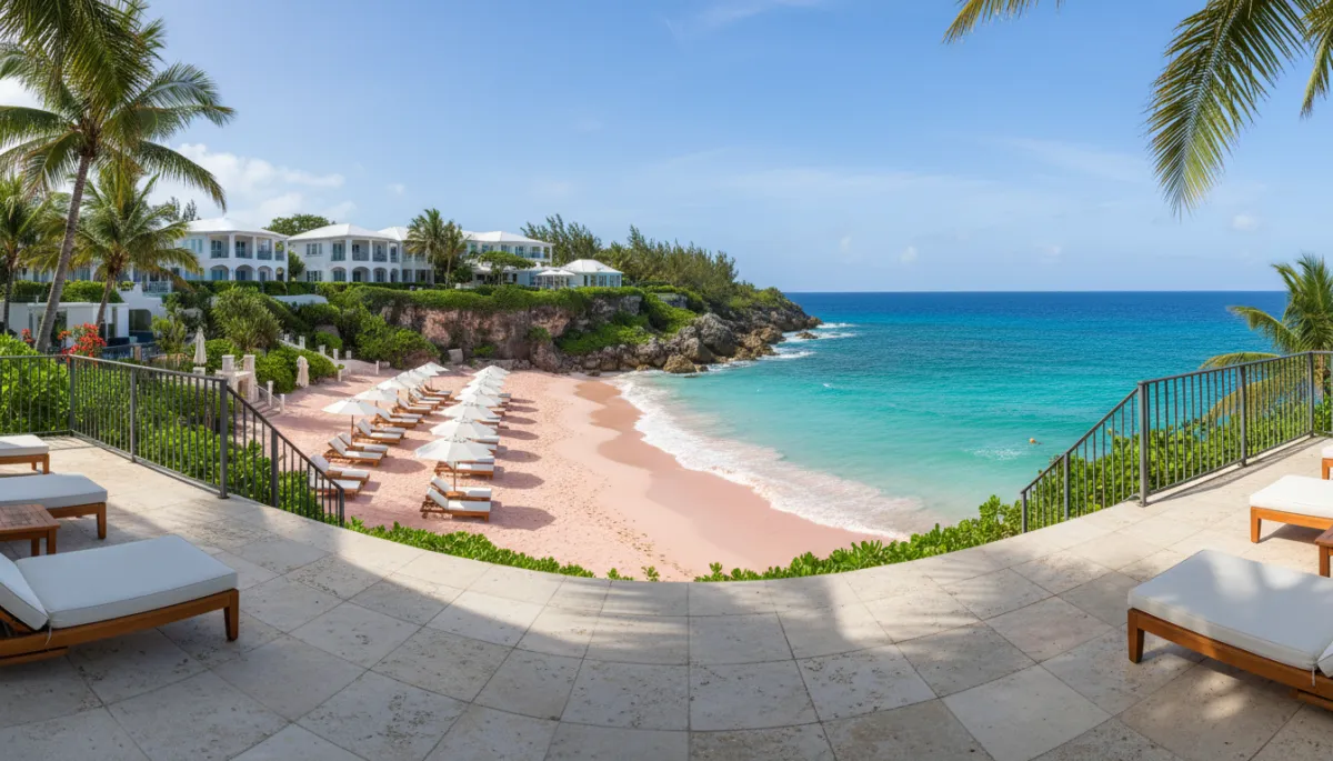 Photorealistic cliffside view of a secluded Bermuda beach with loungers and aqua water