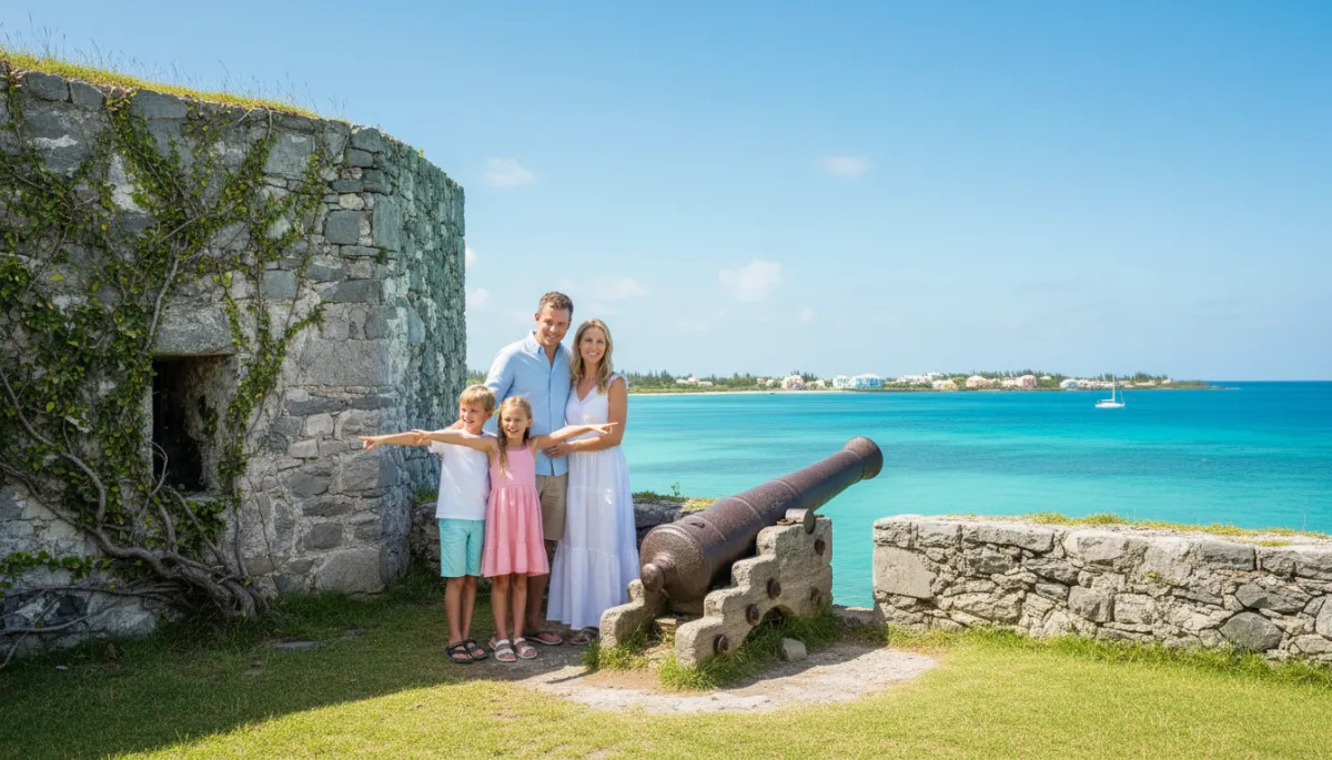 Family with children exploring an old stone fort and cannon overlooking the sea in Bermuda
