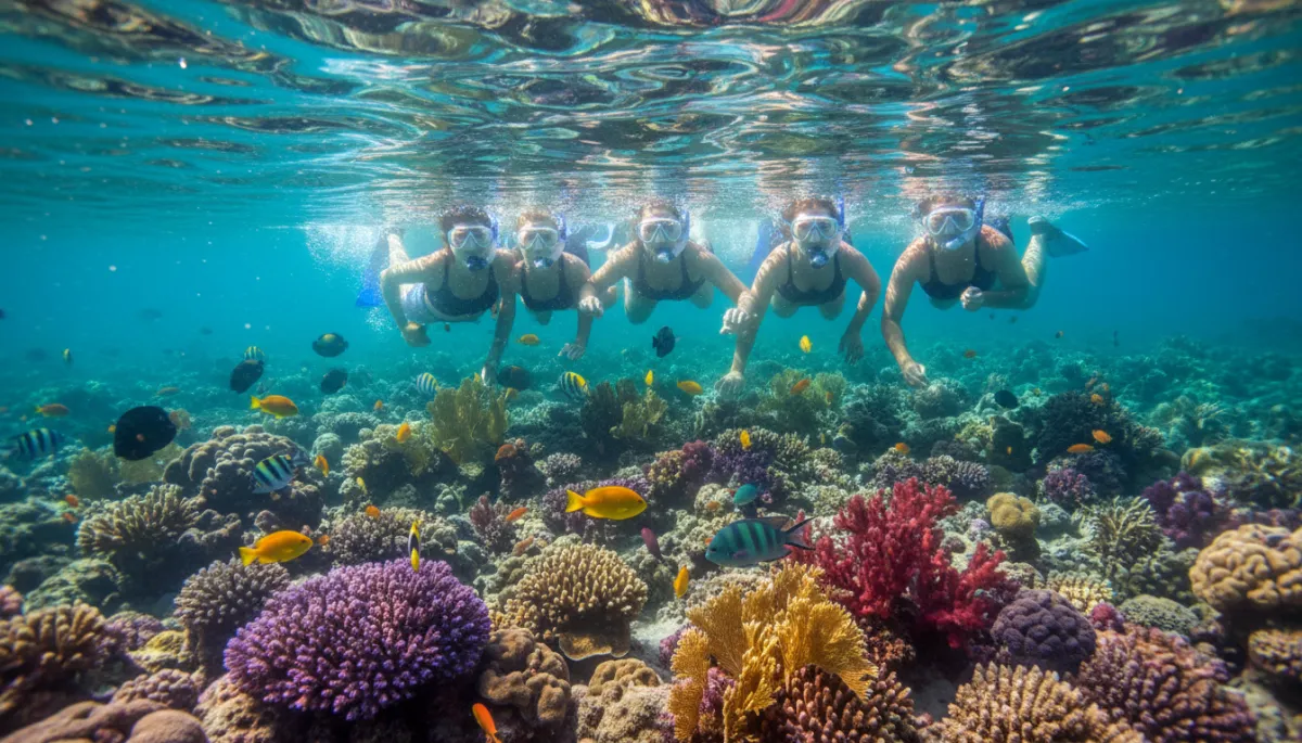 Photorealistic scene of snorkelers exploring clear water at Snorkel Park Photorealistic scene of snorkelers exploring clear water at Snorkel Park